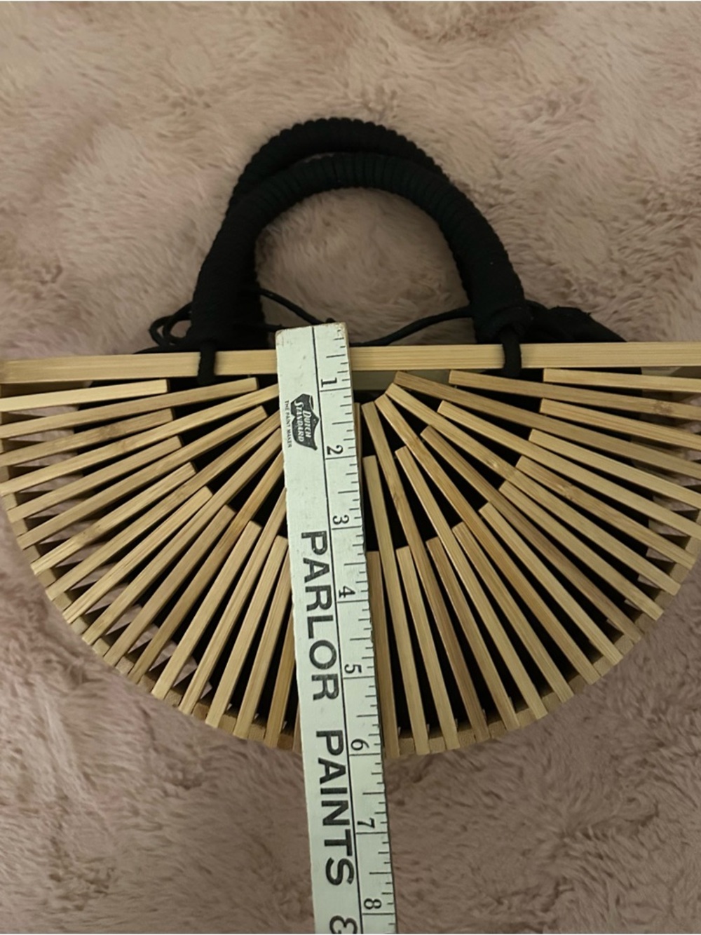 Small Semi-Circle Bamboo Tote with Black Woven Handle and Inside Purse - Picture 6 of 7
